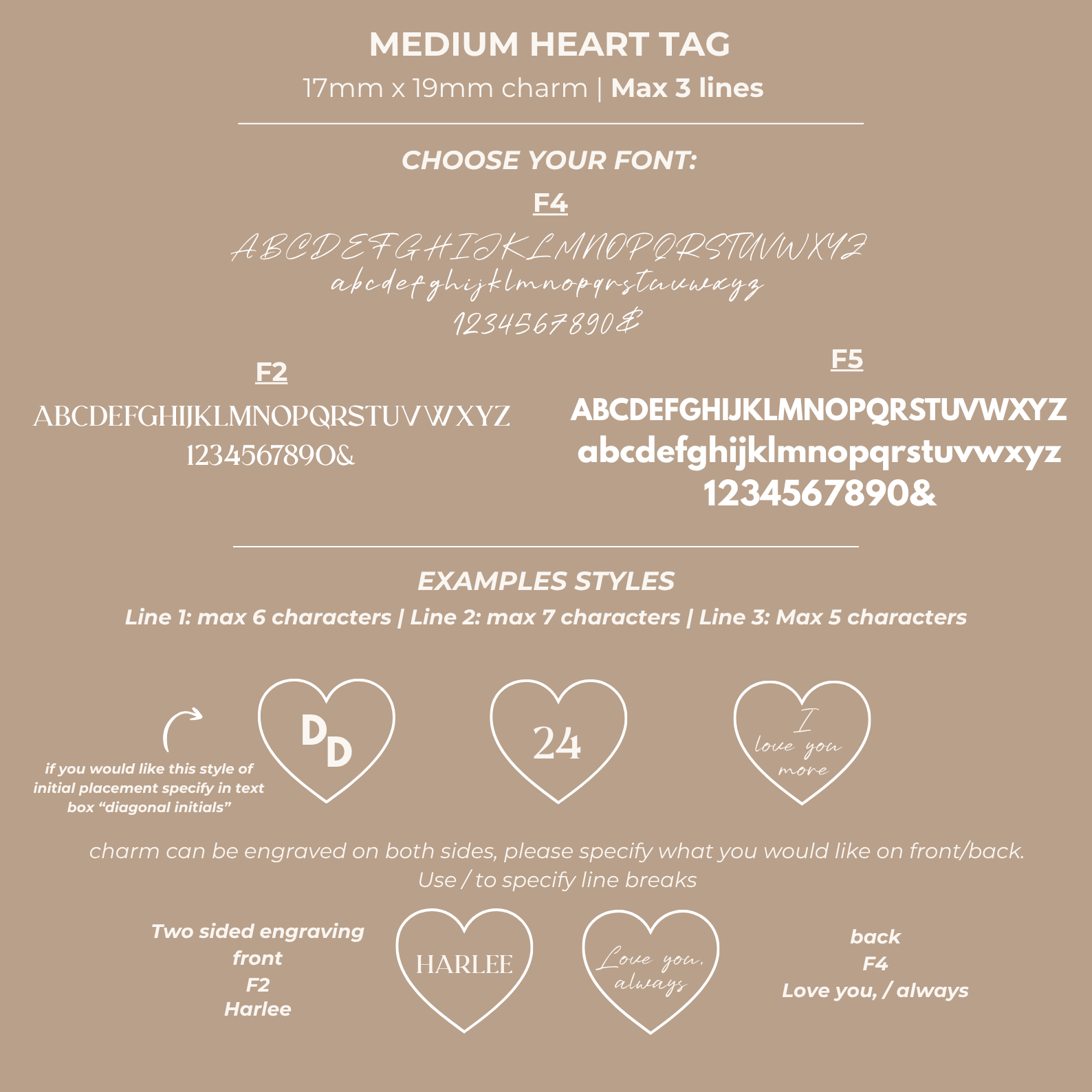 Heart-shaped charm with customizable text on a beige background