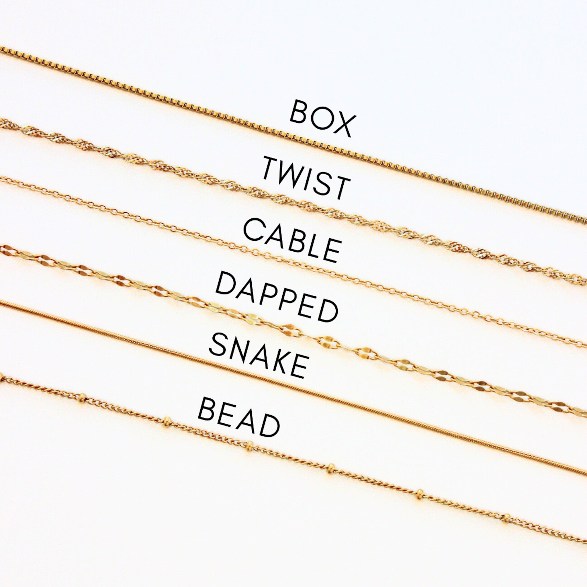 Gold chains with different designs labeled on a white background