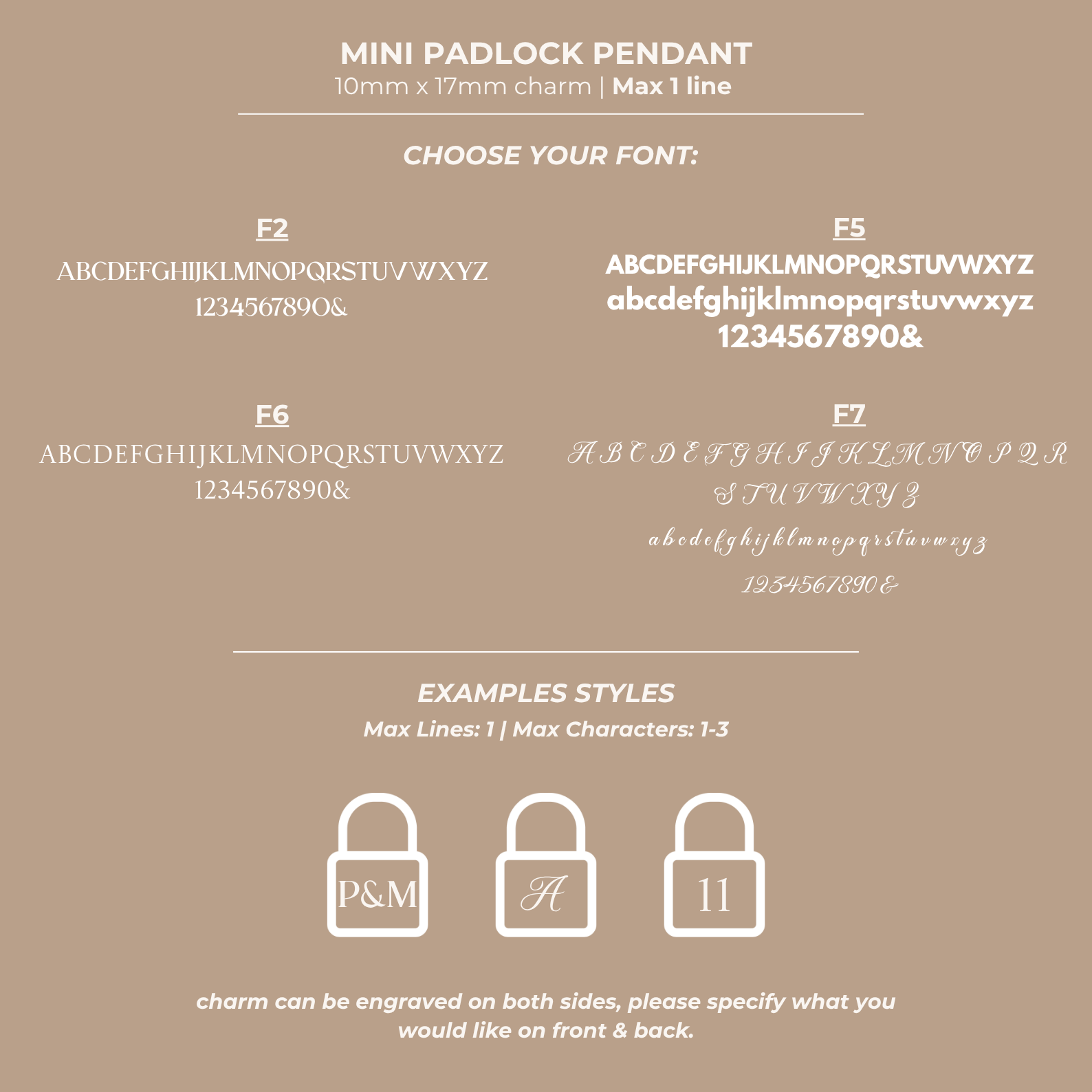 Design chart for mini padlock pendant with customizable text on a beige background