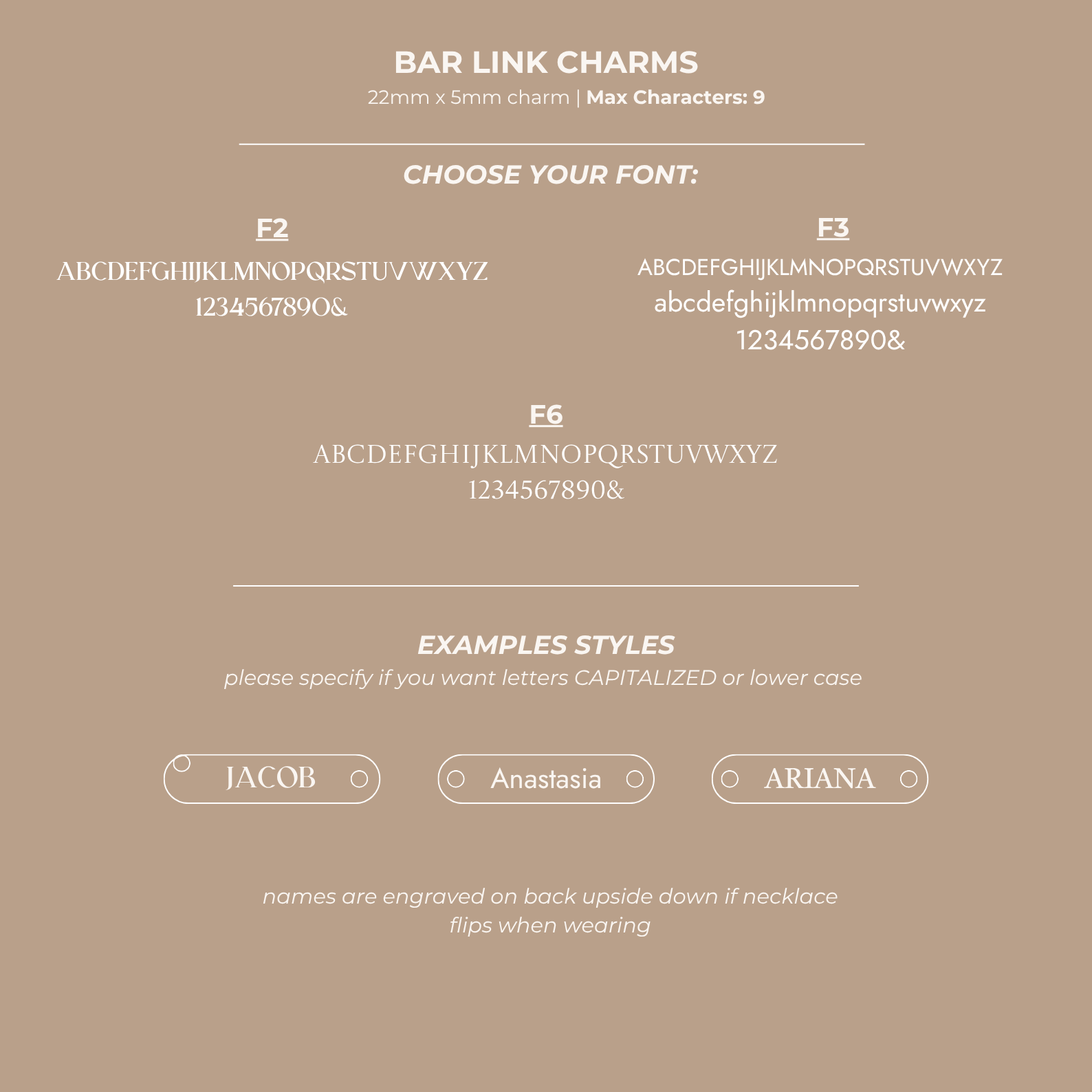 Design interface for bar link charms with font selection and name examples on a beige background