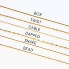 Gold chains with different designs labeled on a white background