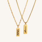 Two gold necklaces with pendant tags displaying '1995' and 'Ariana' on a white background.